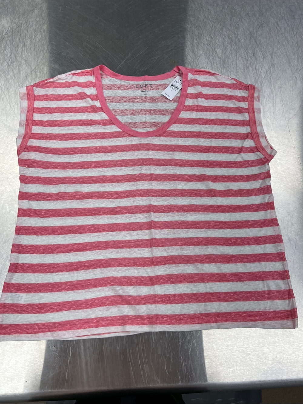 LOFT 100% Linen Pink and White Striped Cap Sleeve Tank Women’s L